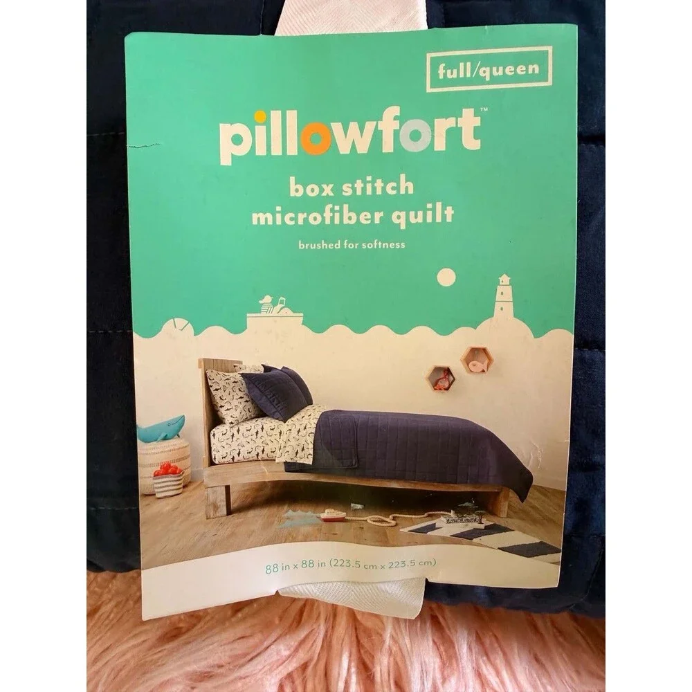 Pillowfort Full Queen Box Stitch Microfiber Kids Quilt Navy OEKO-TEX Bedding